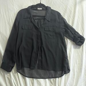 Sheer Chiffon Black Button Up Collared Blouse Shirt Top